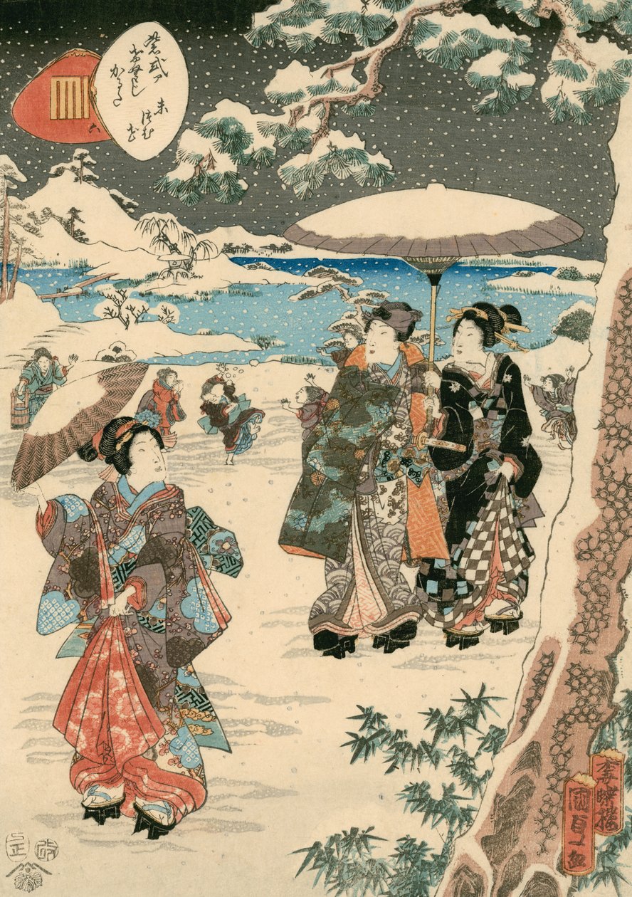 Figuren met parasols in de sneeuw (Een scène uit Het verhaal van Genji) door Utagawa (1786 1865) Kunisada