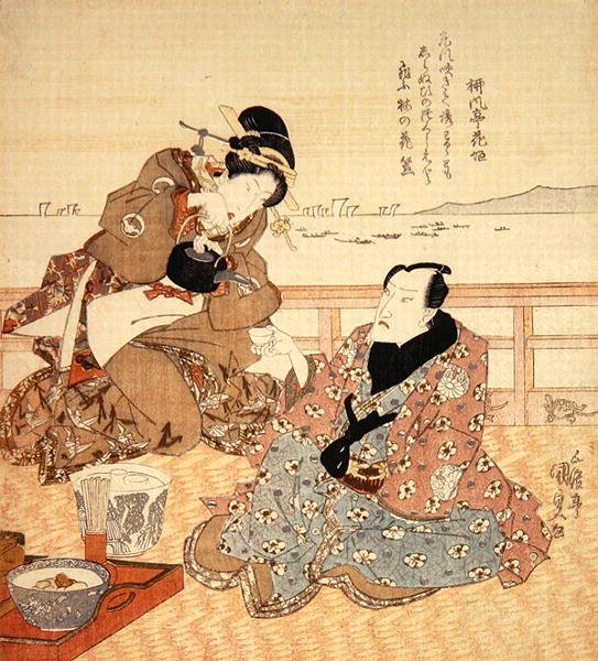 Onoe Kikugoro III drinkt thee in Shinagawa, c.1825 door Utagawa Kunisada