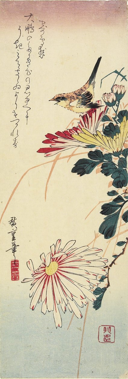 (Chrysanten en een Klauwier), 1830-1858 door Utagawa Hiroshige