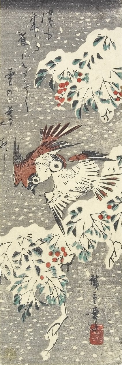 (Hemelse Bamboe en Mussen in de Sneeuw), 1830-1858 door Utagawa Hiroshige