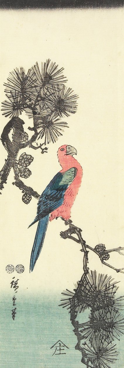 (Papegaai op dennenboom), 1847-1852 door Utagawa Hiroshige