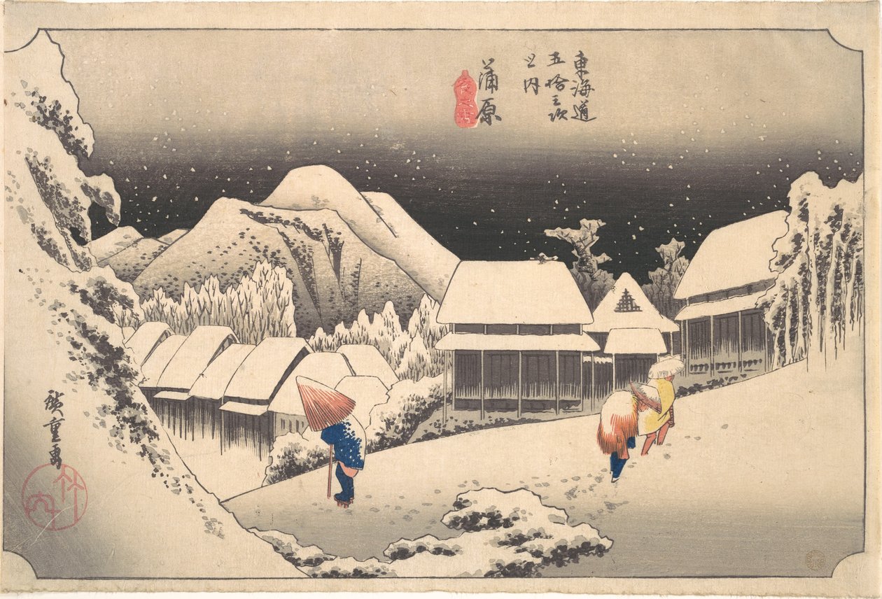 Een besneeuwde avond bij station Kanbara door Utagawa Hiroshige