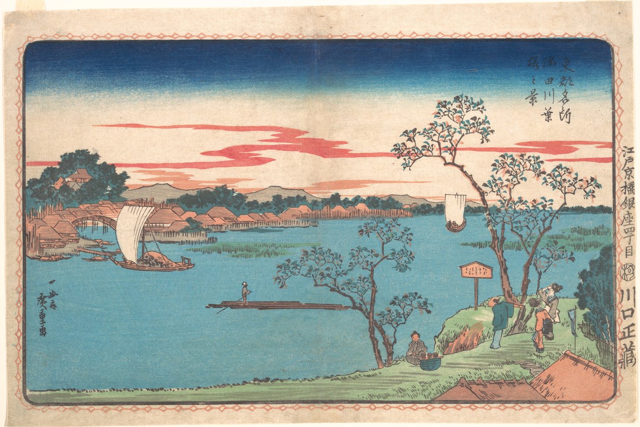 Gezicht op kersenbomen in blad langs de rivier de Sumida door Utagawa Hiroshige