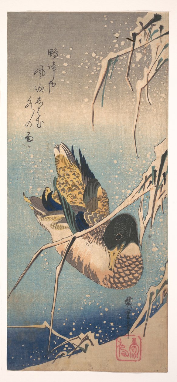 Een wilde eend bij een met sneeuw bedekte oever door Utagawa Hiroshige