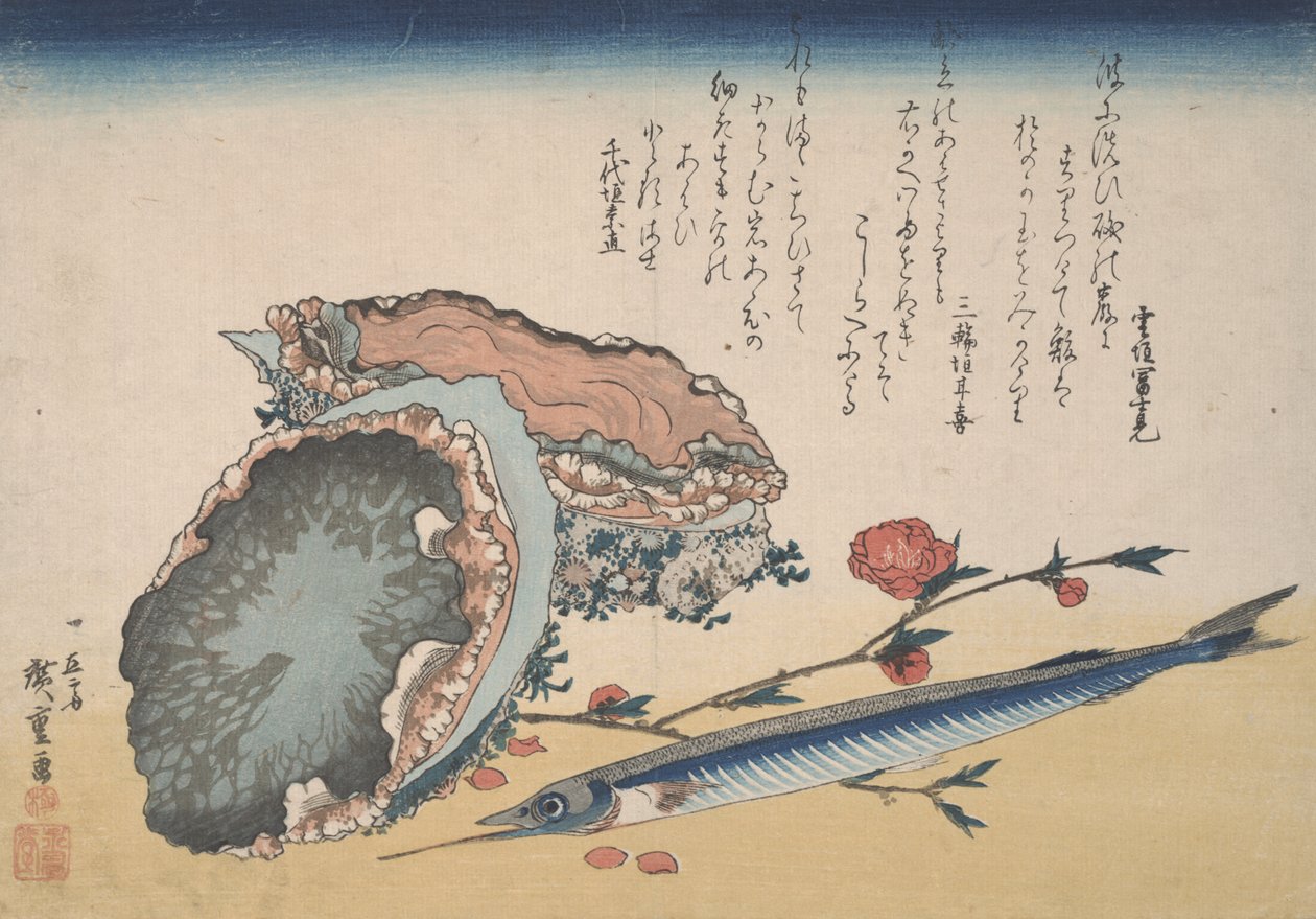 Abalone, Halfbek, en Perzikbloesem door Utagawa Hiroshige