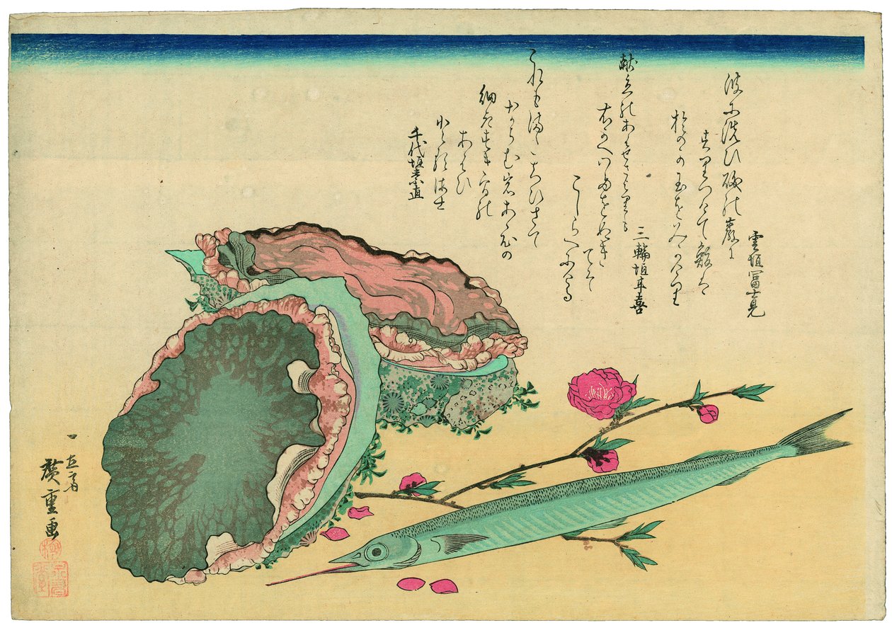 Zeeoor, halfsnavelvis en perzikbloesems door Utagawa Hiroshige