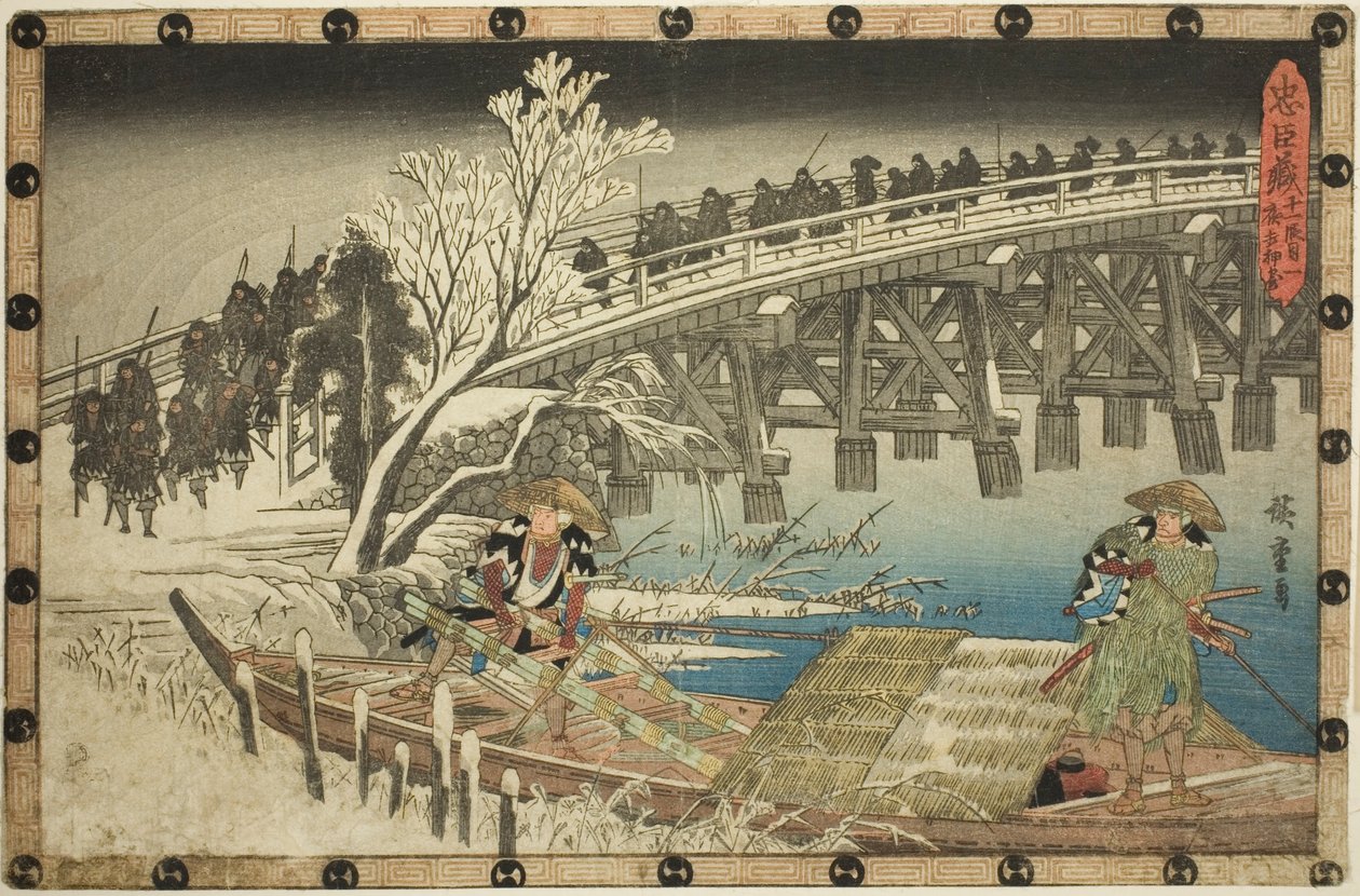 Acte 11, Deel 1: De Benadering van de Nachtelijke Aanval, uit de serie "De Wraak van de Loyale Retainers (Chushingura)" door Utagawa Hiroshige