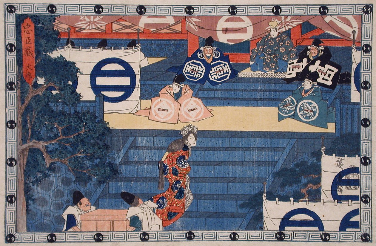 Akte I: Lady Kaoyo bestijgt de trappen van het Hachiman-heiligdom om de helm van haar overleden meester te identificeren door Utagawa Hiroshige