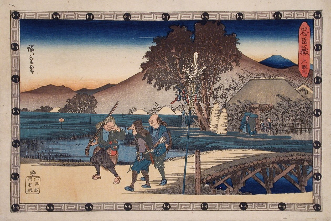 Akte VI: Jagers keren terug nadat zij het lichaam van de vermoorde Yoichibei naar zijn huisje hebben gebracht door Utagawa Hiroshige