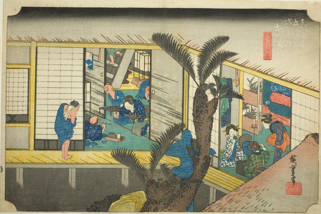 Akasaka: Serveersters in een Herberg, uit de serie Vijfenvijftig Stations van de Tokaido, ook bekend als de Hoeido Tokaido door Utagawa Hiroshige