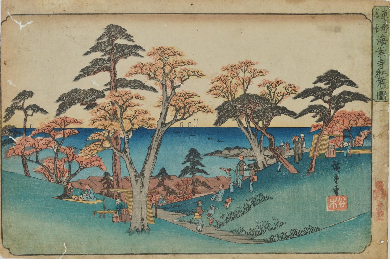 „Herfstbladeren bij de Kaianji-tempel” uit de serie „Beroemde plaatsen in de oostelijke hoofdstad” door Utagawa Hiroshige