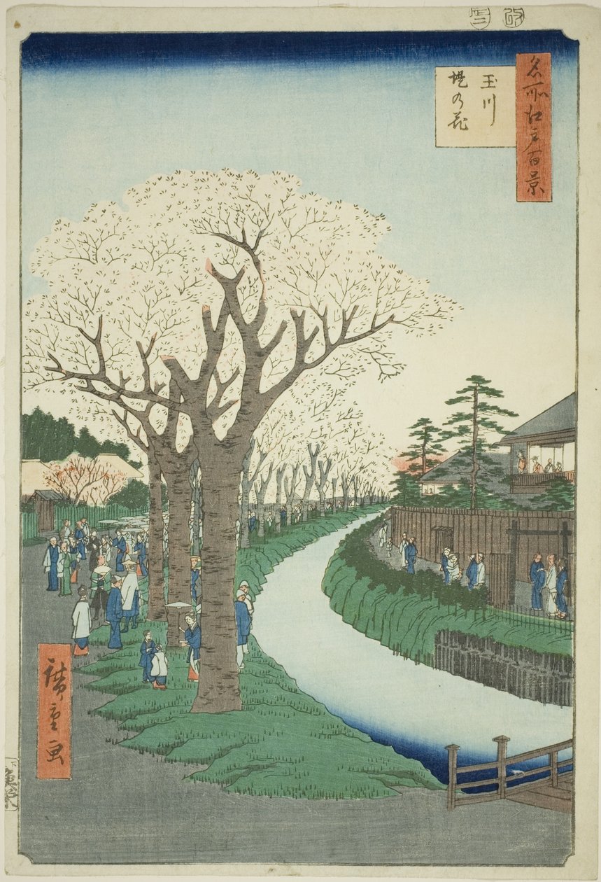 Bloesems op de Tama Rivier Dijk (Tamagawa-zutsumi no hana), uit de serie "Honderd beroemde uitzichten van Edo (Meisho Edo hyakkei)" door Utagawa Hiroshige