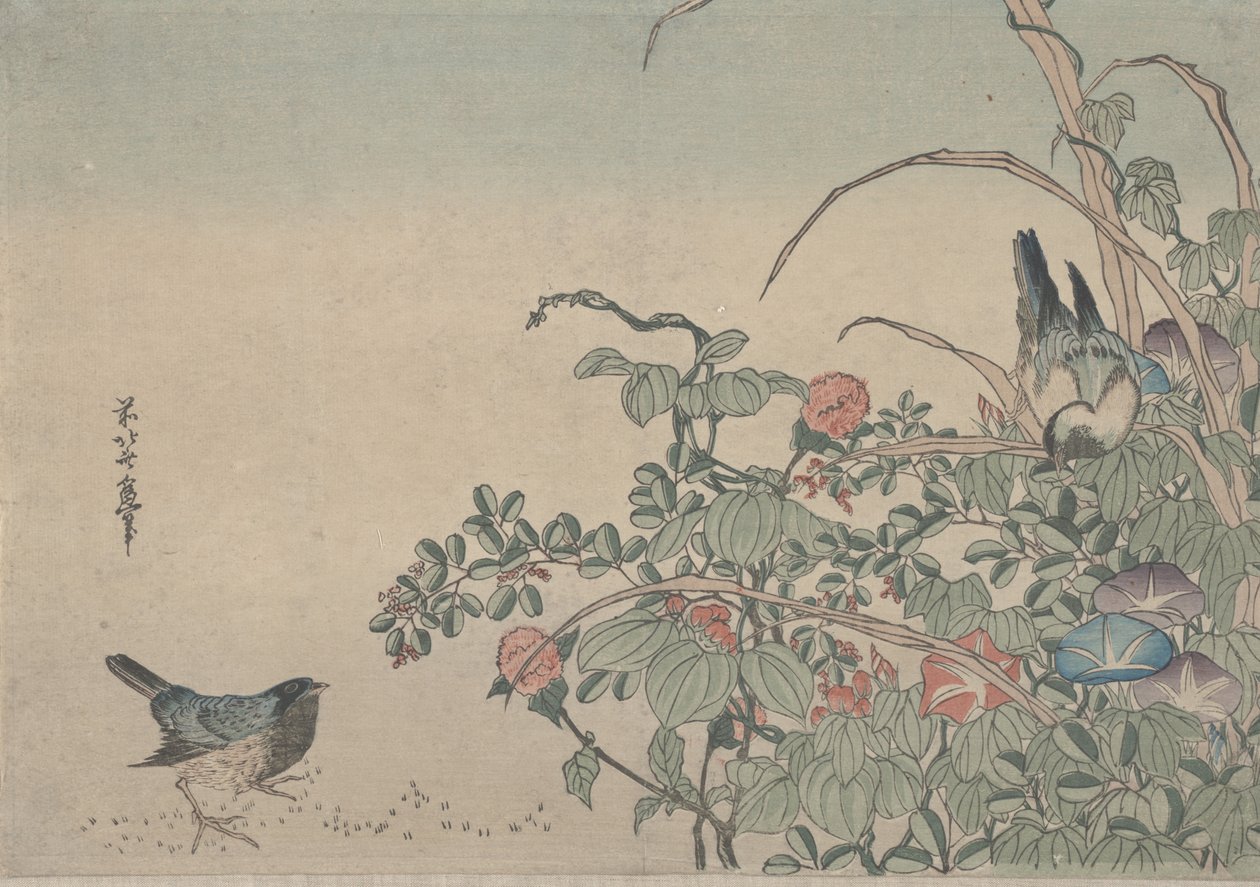 Blauwe vogels met ochtendglorie en Lespedeza, c.1833 door Utagawa Hiroshige