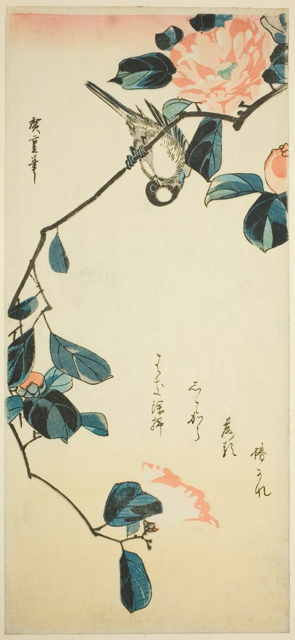 Goudvink op cameliatak door Utagawa Hiroshige