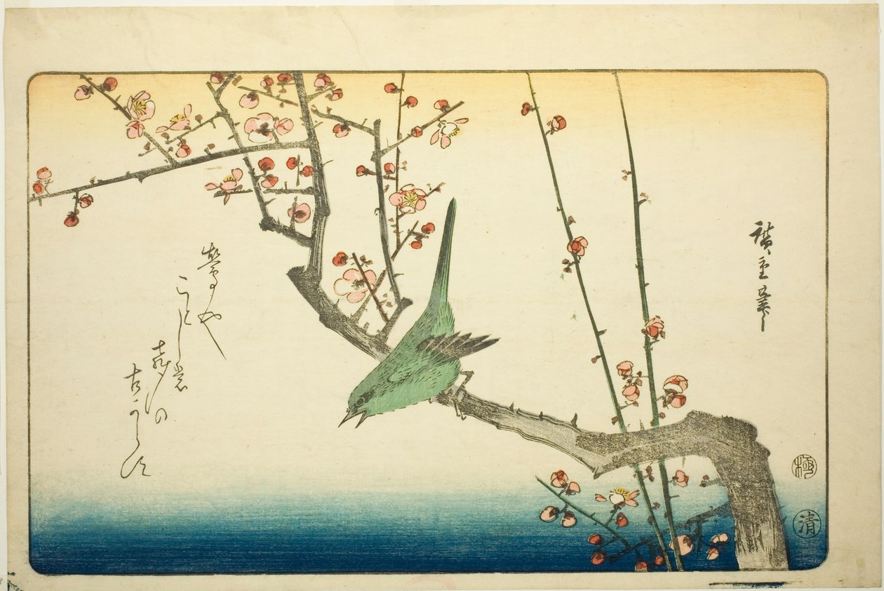 Bush warbler op pruimentak door Utagawa Hiroshige