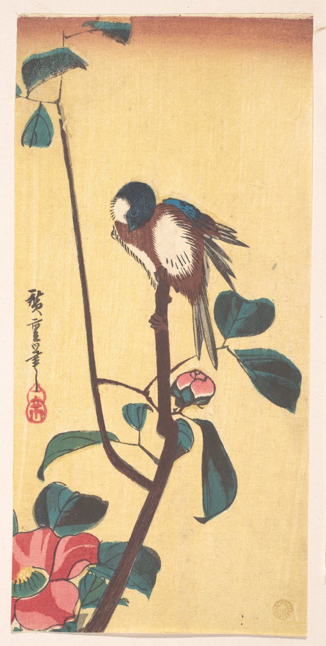 Camellia en blauwkoppige vogel door Utagawa Hiroshige