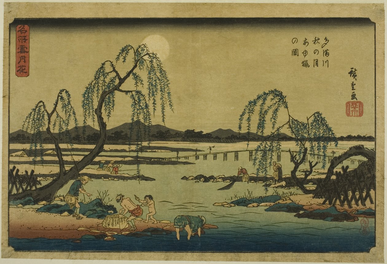 Vangen van zoetwatervissen in de Tama-rivier onder de herfstmaan (Tamagawa aki no tsuki ayuryo no zu), uit de serie "Sneeuw, maan en bloemen op beroemde plaatsen (Meisho setsugekka)" door Utagawa Hiroshige