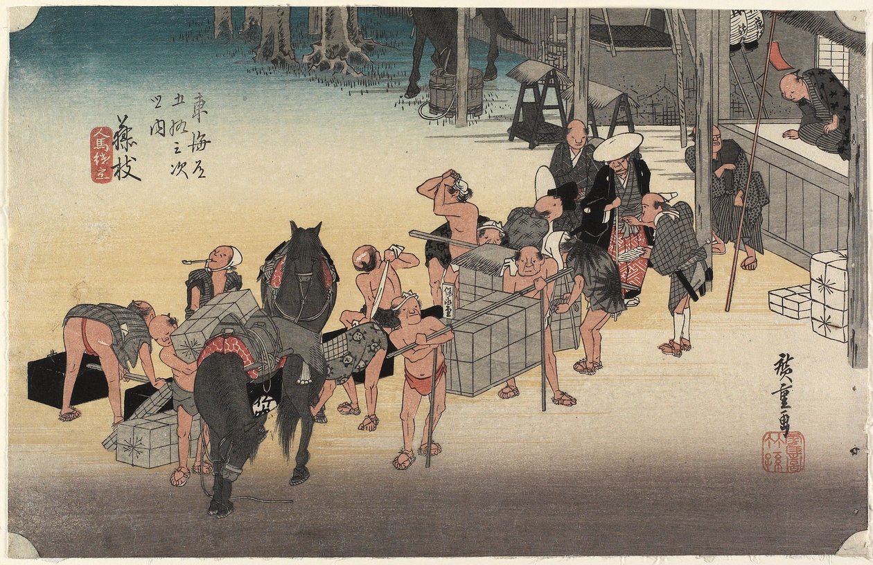 Veranderende Dragers en Paarden, Fujieda door Utagawa Hiroshige