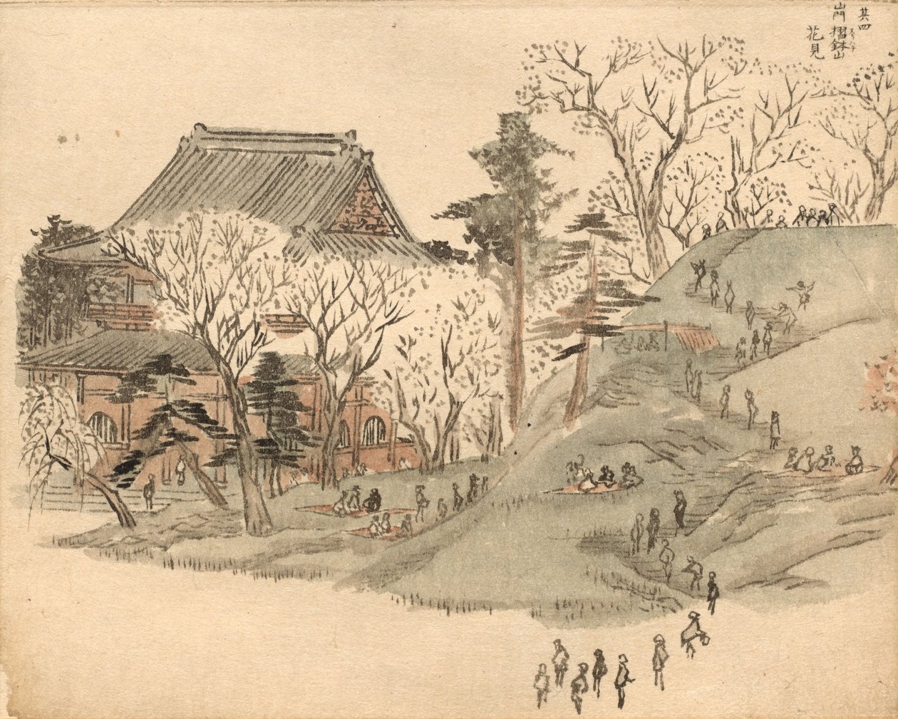Kersenbloesem kijken bij de tempel op de berg Suribachi, naar een afbeelding uit deel 5 van het prentenboek „Souvenirs uit Edo“ (Ehon Edo miyage) door Utagawa Hiroshige