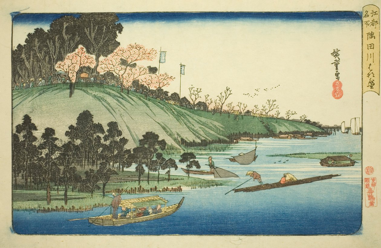 Kersenbloesems in volle bloei langs de Sumida-rivier (Sumidagawa hanazakari), uit de serie "Beroemde plaatsen in Edo (Koto meisho)" door Utagawa Hiroshige