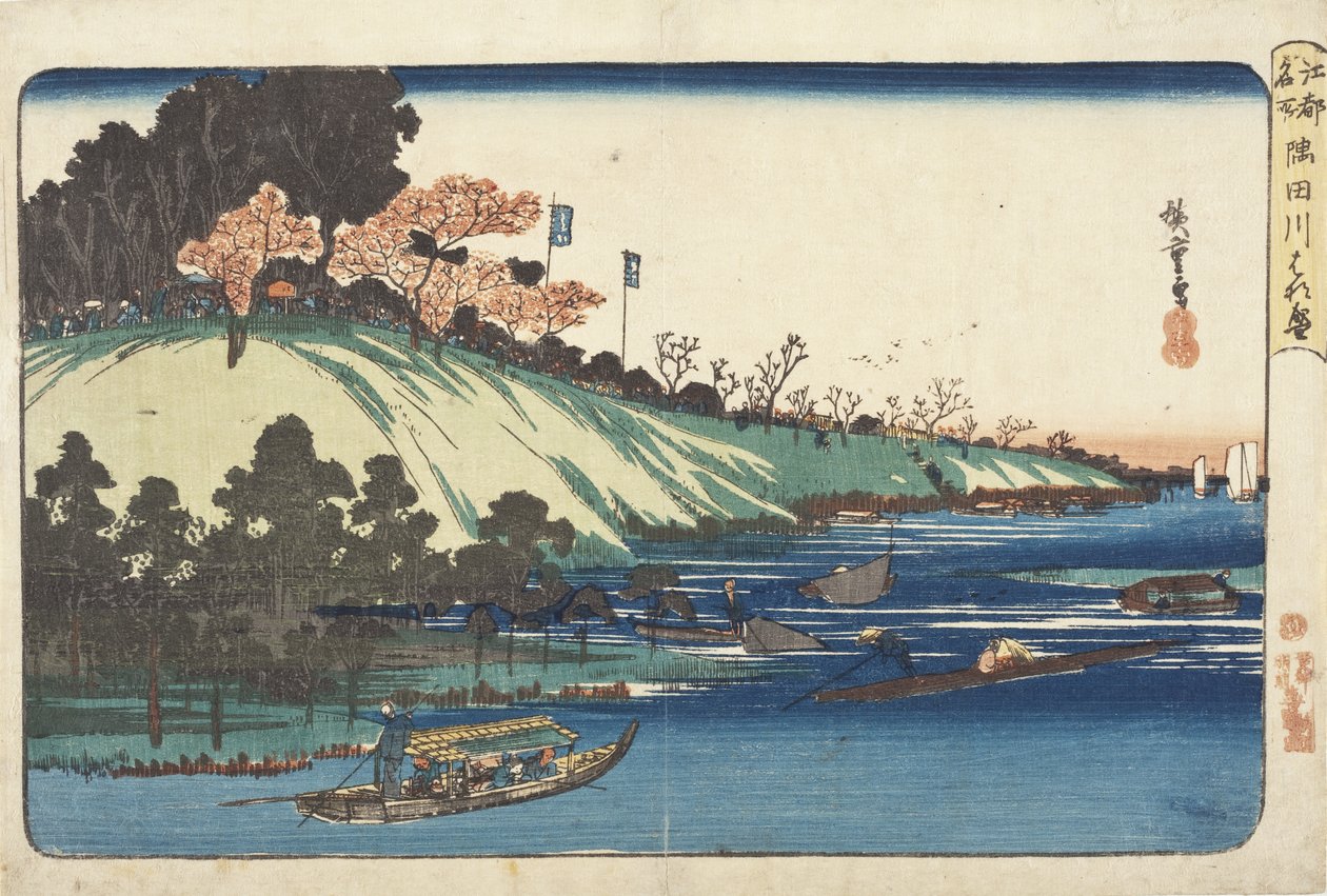Kersenbloesems in volle bloei langs de rivier de Sumida door Utagawa Hiroshige
