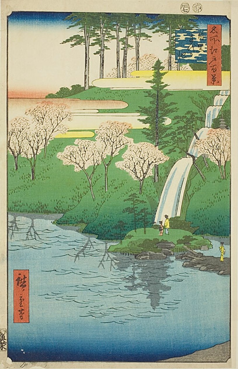 Chiyogaike Pond, Meguro (Meguro Chiyogaike), nr.23 uit de serie "One Hundred Famous Views of Edo (Meisho Edo hyakkei)". door Utagawa Hiroshige