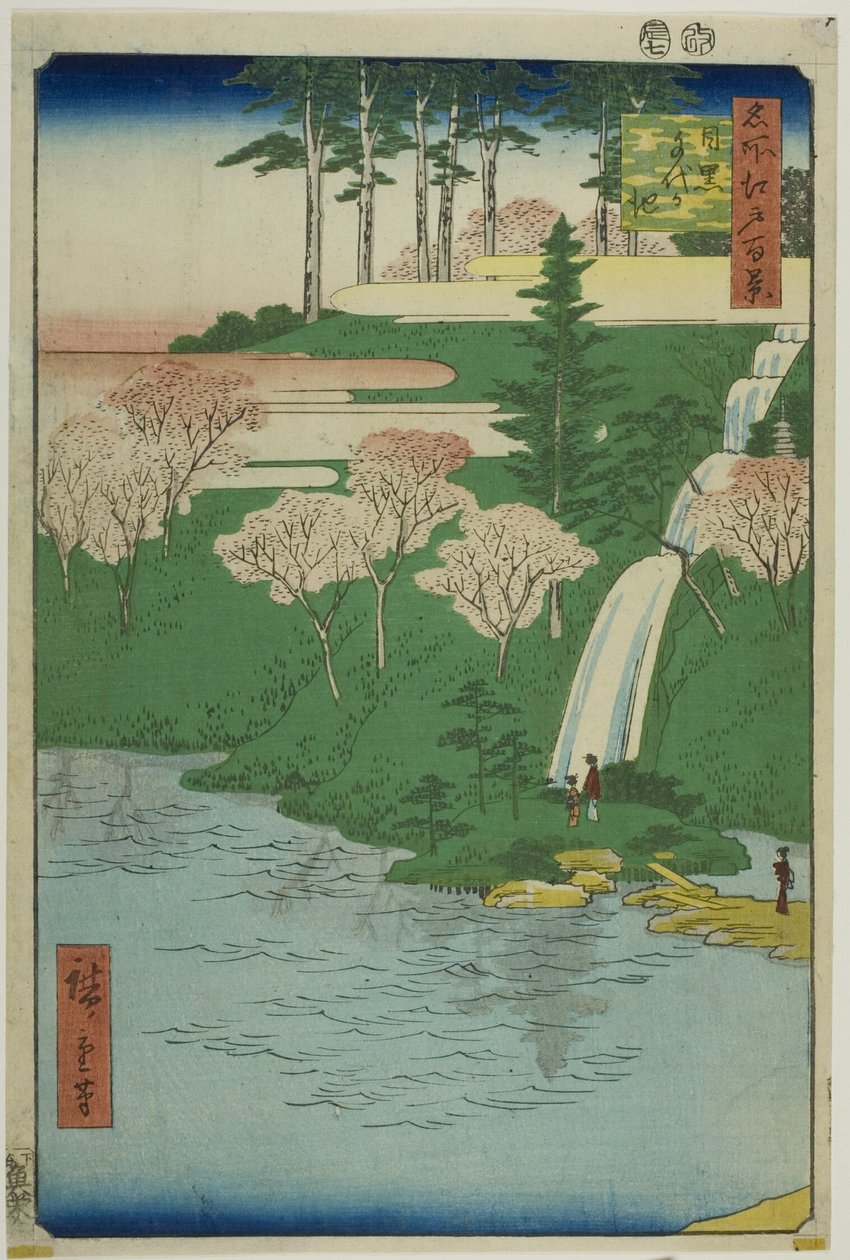 Chiyogaike Pond, Meguro (Meguro Chiyogaike), uit de serie "One Hundred Famous Views of Edo (Meisho Edo hyakkei)". door Utagawa Hiroshige