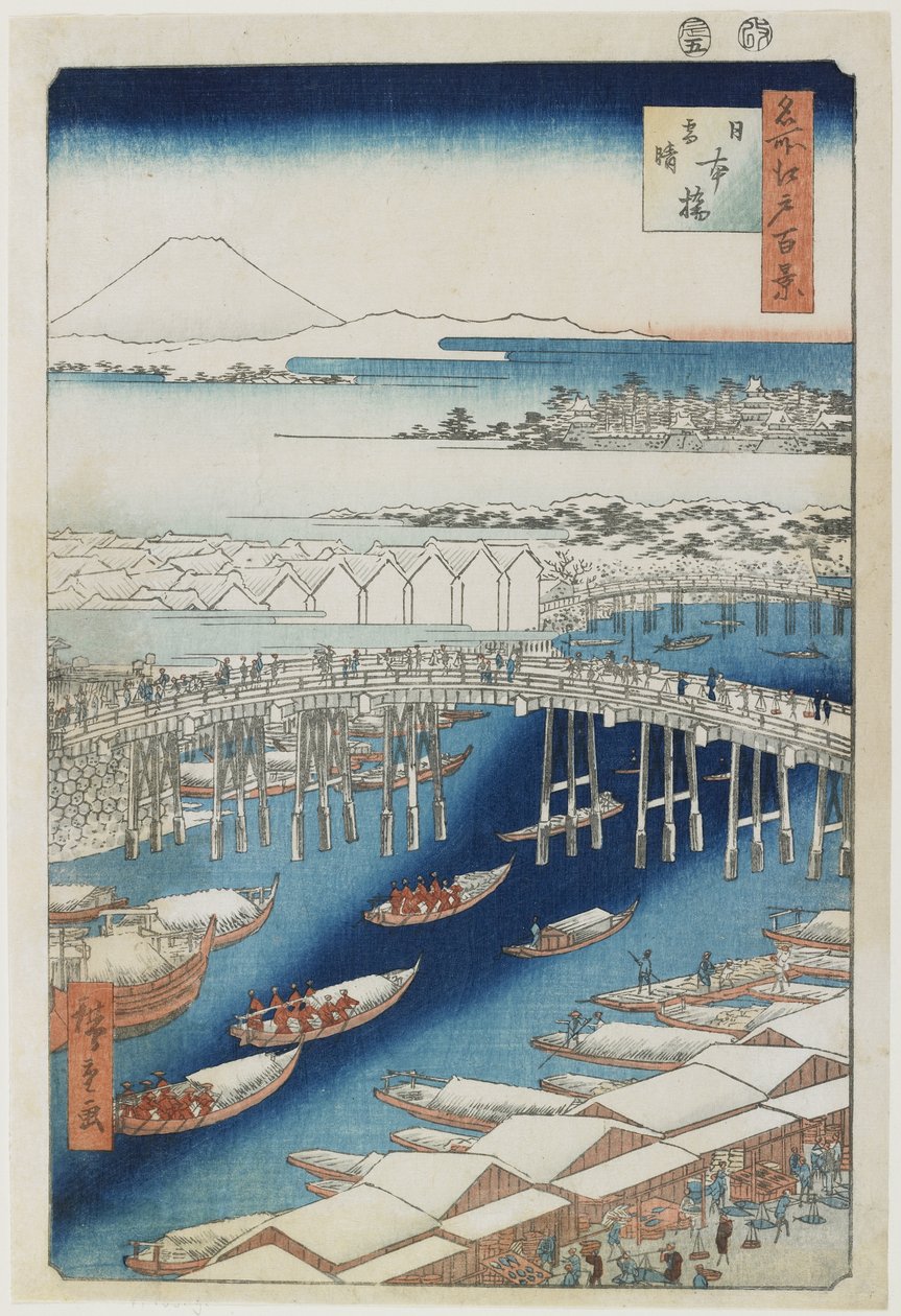 Helder Weer na Sneeuw, Nihonbashi-brug, mei 1856 door Utagawa Hiroshige