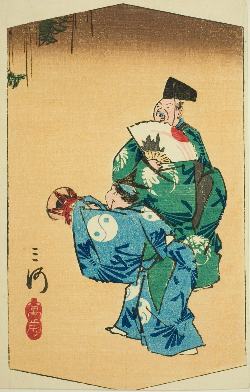 Komische Dansers in de Provincie Mikawa (Mikawa, manzai), deel van blad nr. 4 uit de serie "Uitgeknipte Afbeeldingen van de Provincies (Kunizukushi harimaze zue)" door Utagawa Hiroshige
