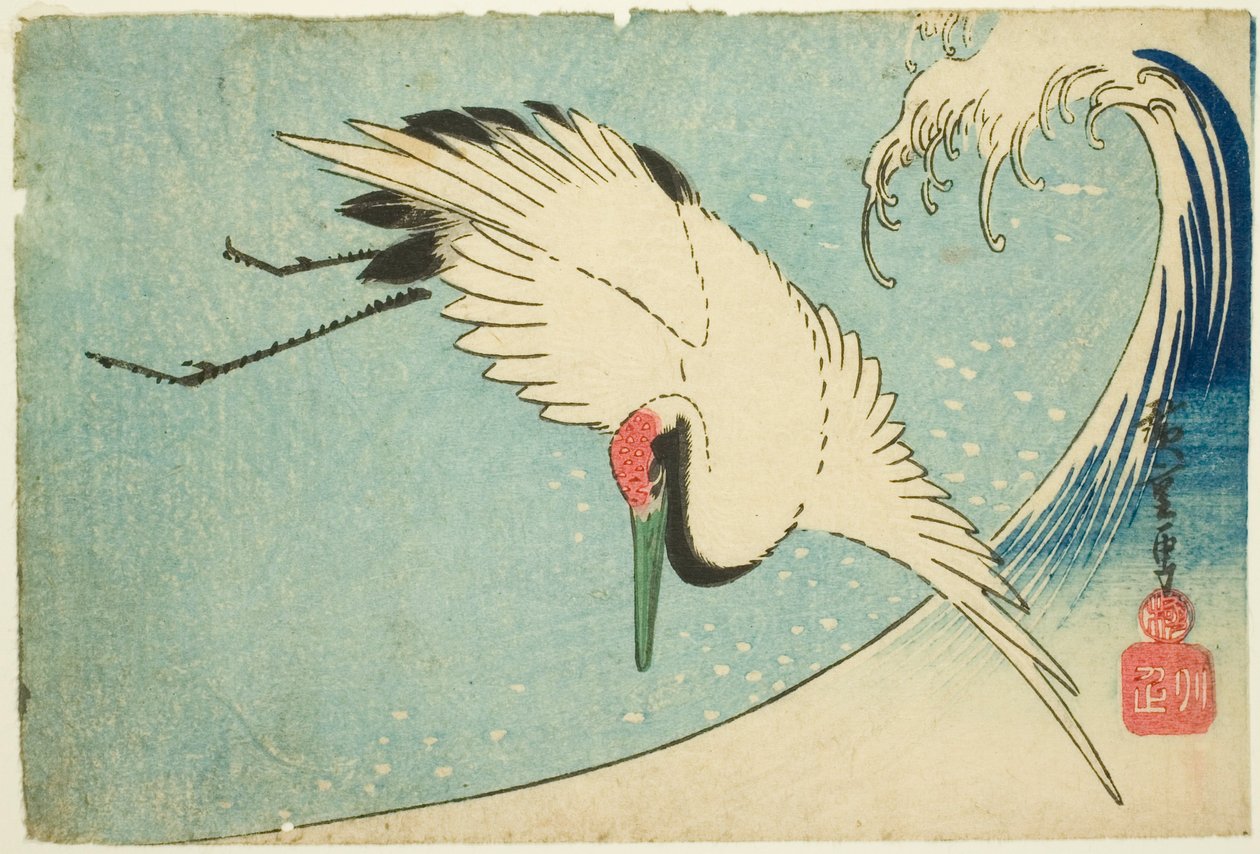 Kraanvogel vliegend over golf door Utagawa Hiroshige
