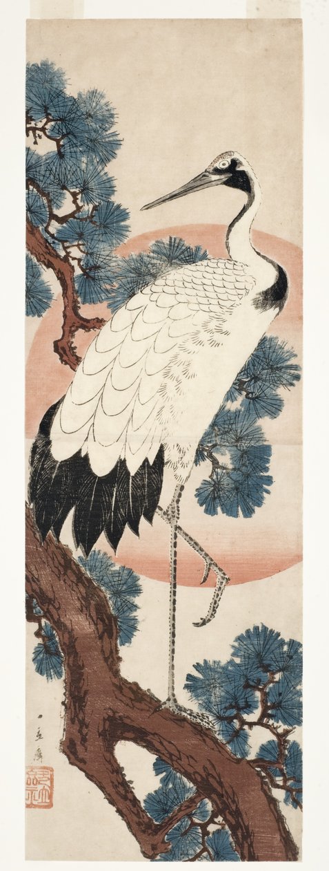 Kraanvogel in dennenboom bij zonsopgang door Utagawa Hiroshige