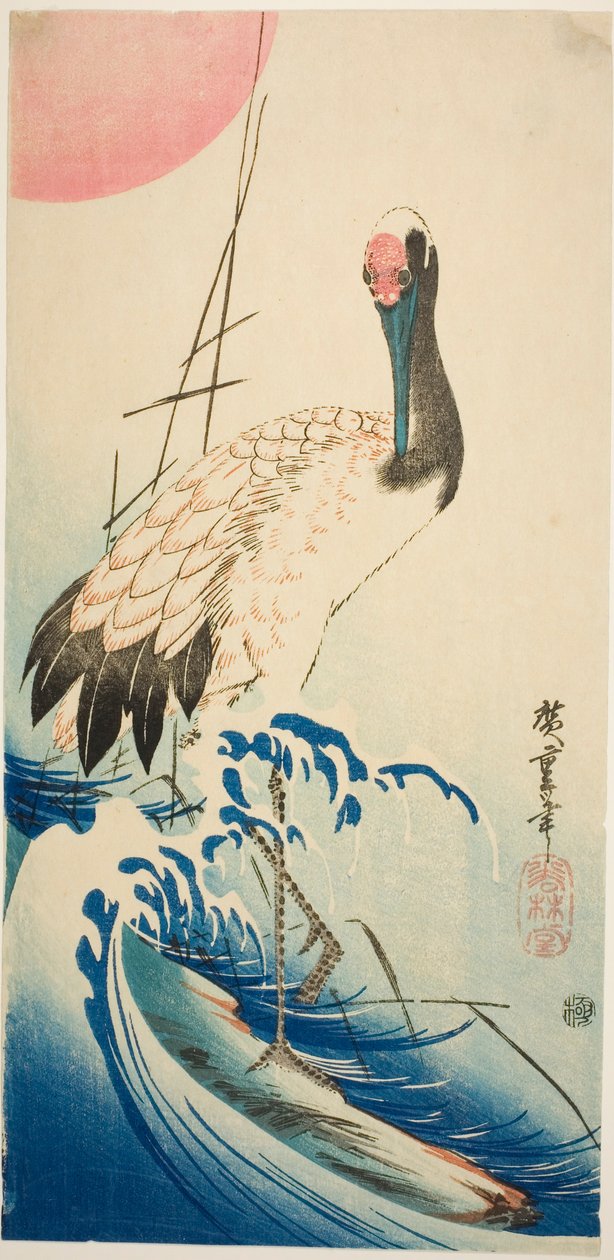 Kraanvogel, golven en opkomende zon door Utagawa Hiroshige