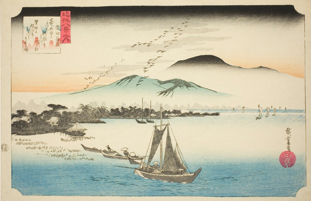 Neerdalende Ganzen bij Katada, uit de serie "Acht Zichten van Omi" door Utagawa Hiroshige