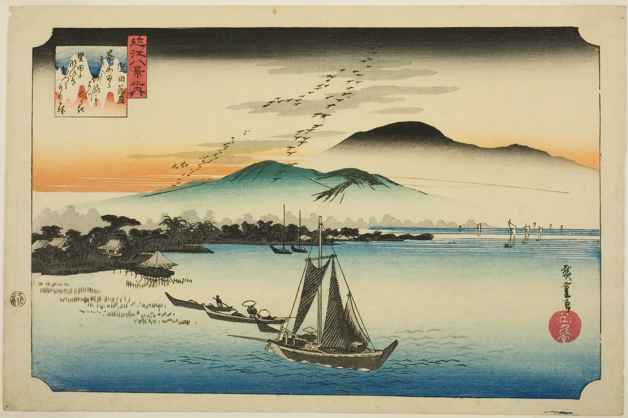 Neerdalende Ganzen bij Katada (Katada rakugan), uit de serie "Acht Zichten van Omi (Omi hakkei no uchi)" door Utagawa Hiroshige