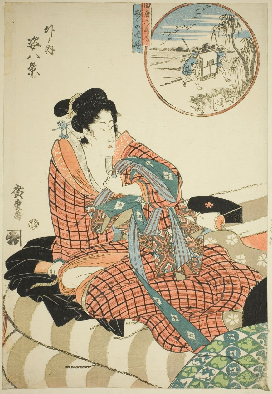 Neerdalende ganzen op de rijstvelden (Tanbo no rakugan) en avondklok van de ochtend daarna (Kinuginu no bansho), uit de serie "Acht uitzichten van figuren binnen en buiten (Soto to uchi sugata hakkei)" door Utagawa Hiroshige