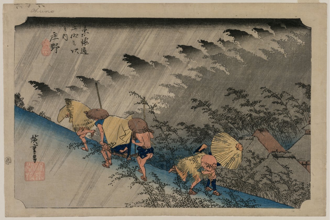 Regenbui bij Shono (Station 46) uit de serie Drieënvijftig Stations van de Tokaido door Utagawa Hiroshige