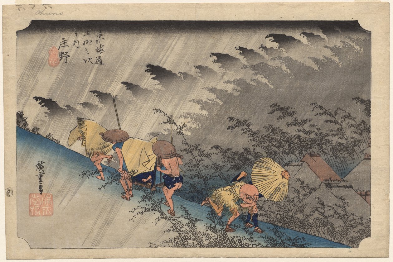 Regenbui bij Shono (Station 46) uit de serie Drieënvijftig Stations van de Tokaido door Utagawa Hiroshige