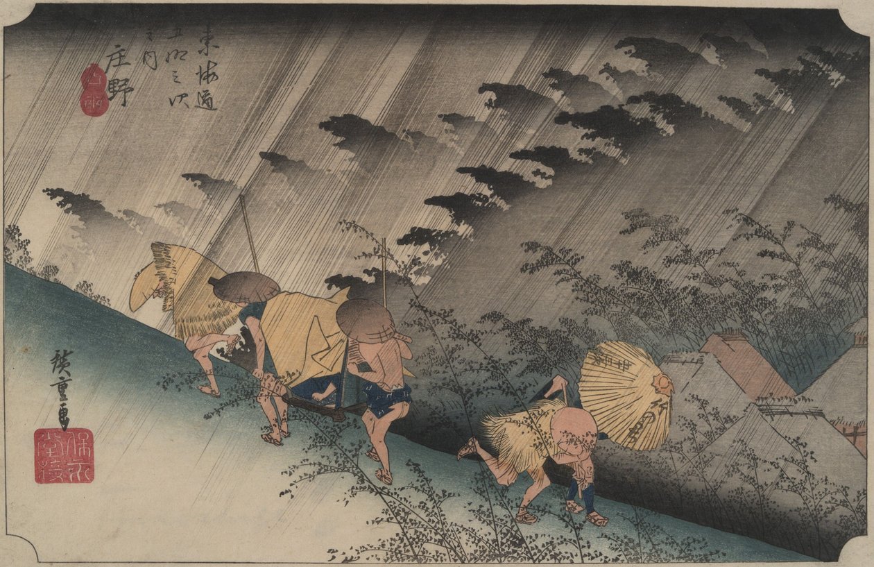 Stortregen in Shōno, uit de serie De drieënvijftig stations van de Tōkaidō door Utagawa Hiroshige