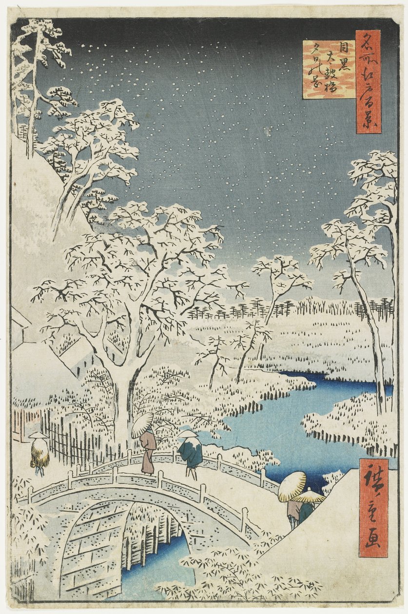 Drumbrug en Zonsondergangheuvel bij Meguro, april 1856 door Utagawa Hiroshige
