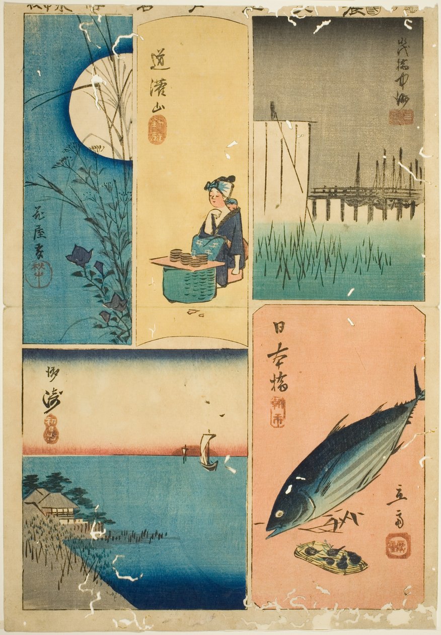 Eitai-brug, Nihon-brug, Susaki, Bloementuin, en Dokan-heuvel (Eitaibashi, Nihonbashi, Susaki, Hanayashiki, Dokanyama), uit de serie "Uitknipsels van beroemde plaatsen in Edo (Harimaze Koto meisho)" door Utagawa Hiroshige