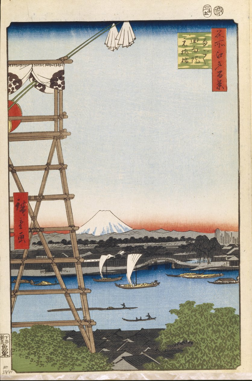 Ekoin Tempel in Ryogoku en Moto-Yanagi Brug, Honderd Beroemde Zichten van Edo door Utagawa Hiroshige