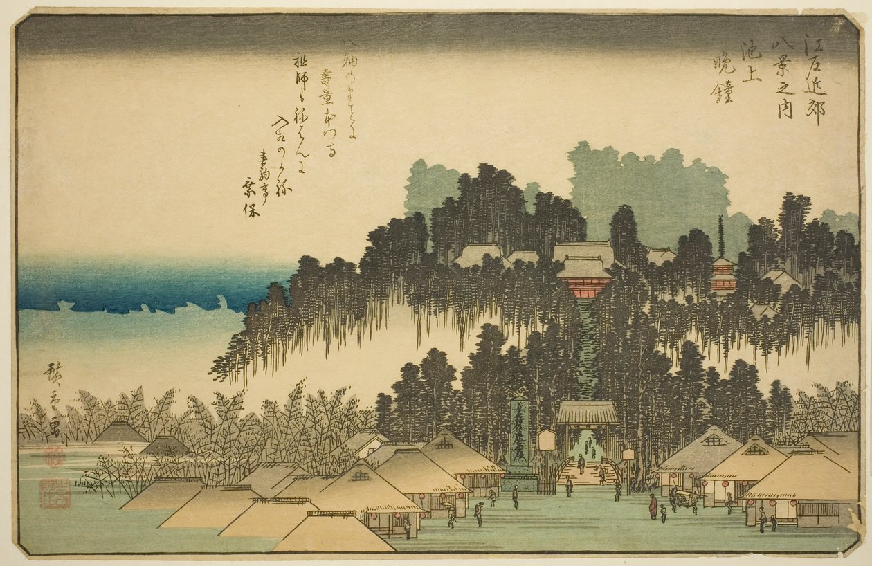 Avondklok in Ikegami (Ikegami no bansho), uit de serie "Acht uitzichten in de omgeving van Edo (Edo kinko hakkei no uchi)" door Utagawa Hiroshige