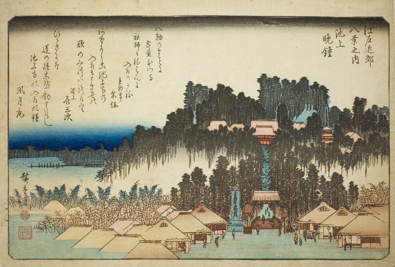 Avondklok in Ikegami (Ikegami no bansho), uit de serie "Acht gezichten in de omgeving van Edo (Edo kinko hakkei no uchi)" door Utagawa Hiroshige