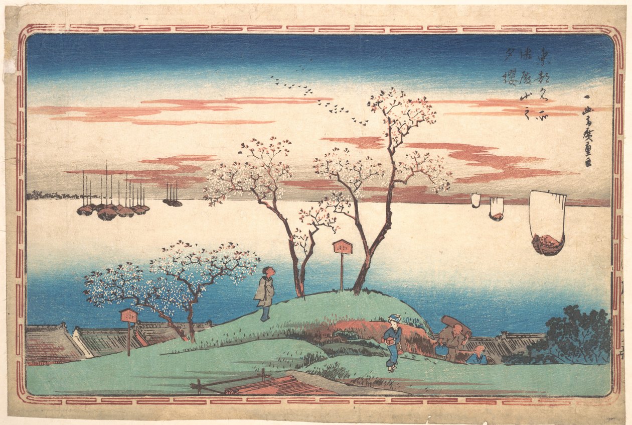 Kersenbloesems bij zonsondergang op Gotenyama door Utagawa Hiroshige