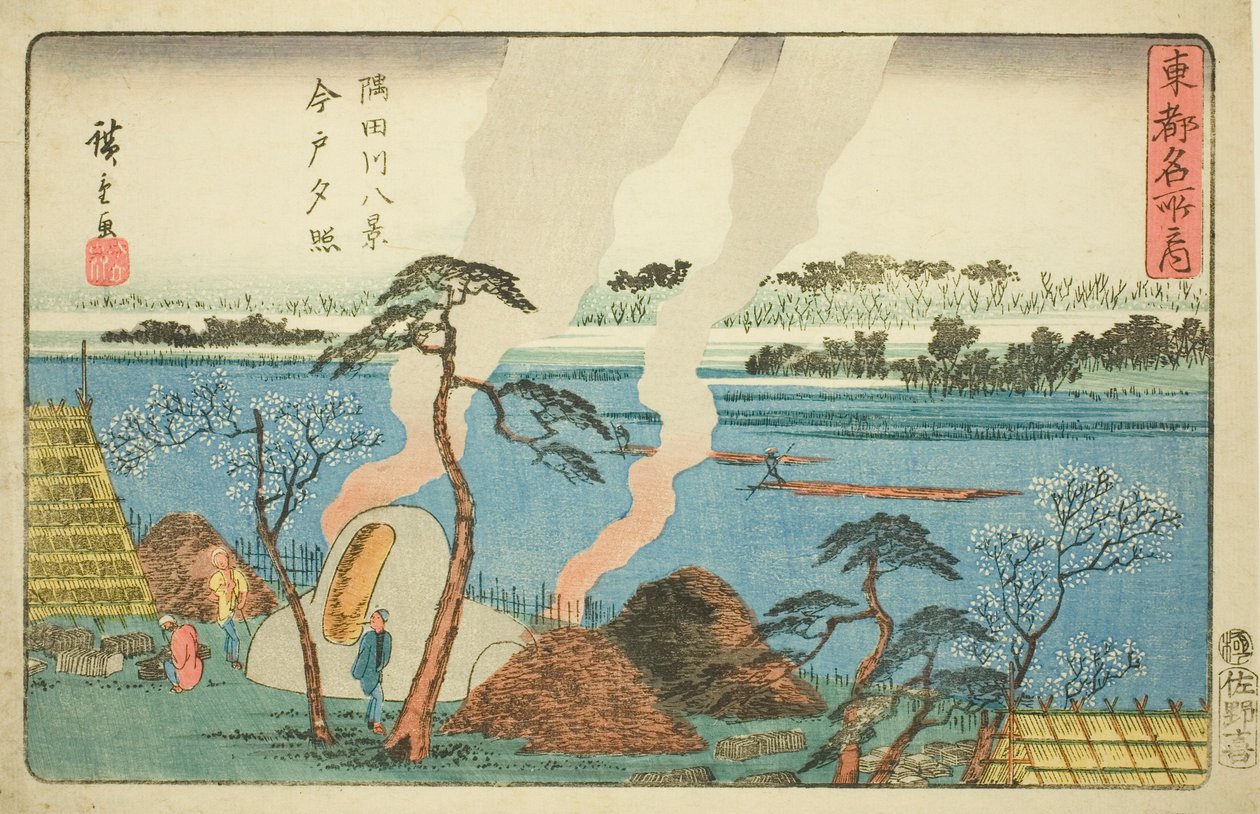 Avondgloed bij Imado, Acht Zichten van de Sumida Rivier (Sumidagawa hakkei, Imado sekisho), uit de serie 