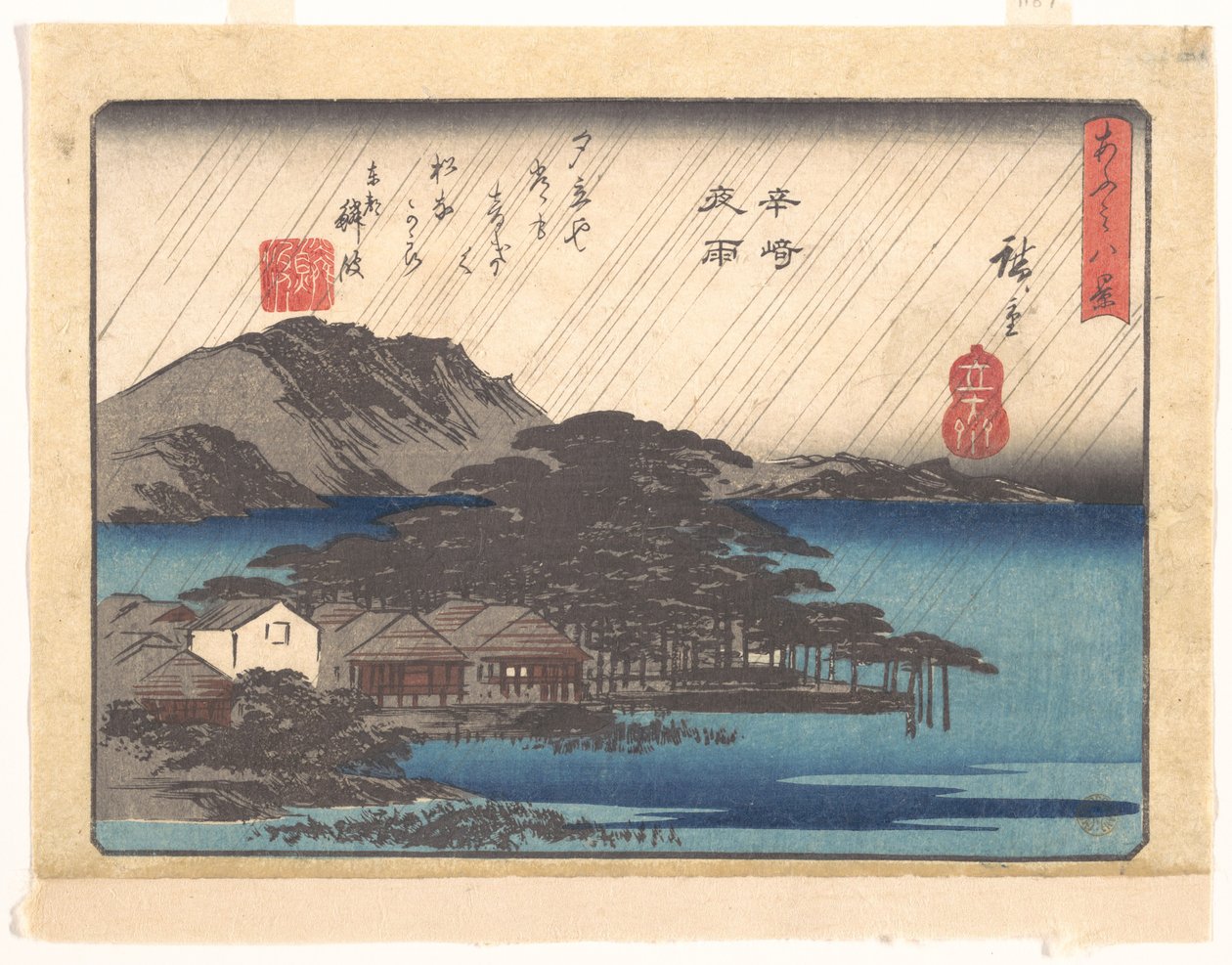 Avondregen bij Karasaki, uit de serie Acht gezichten op Ōmi (Ōmi hakkei) door Utagawa Hiroshige