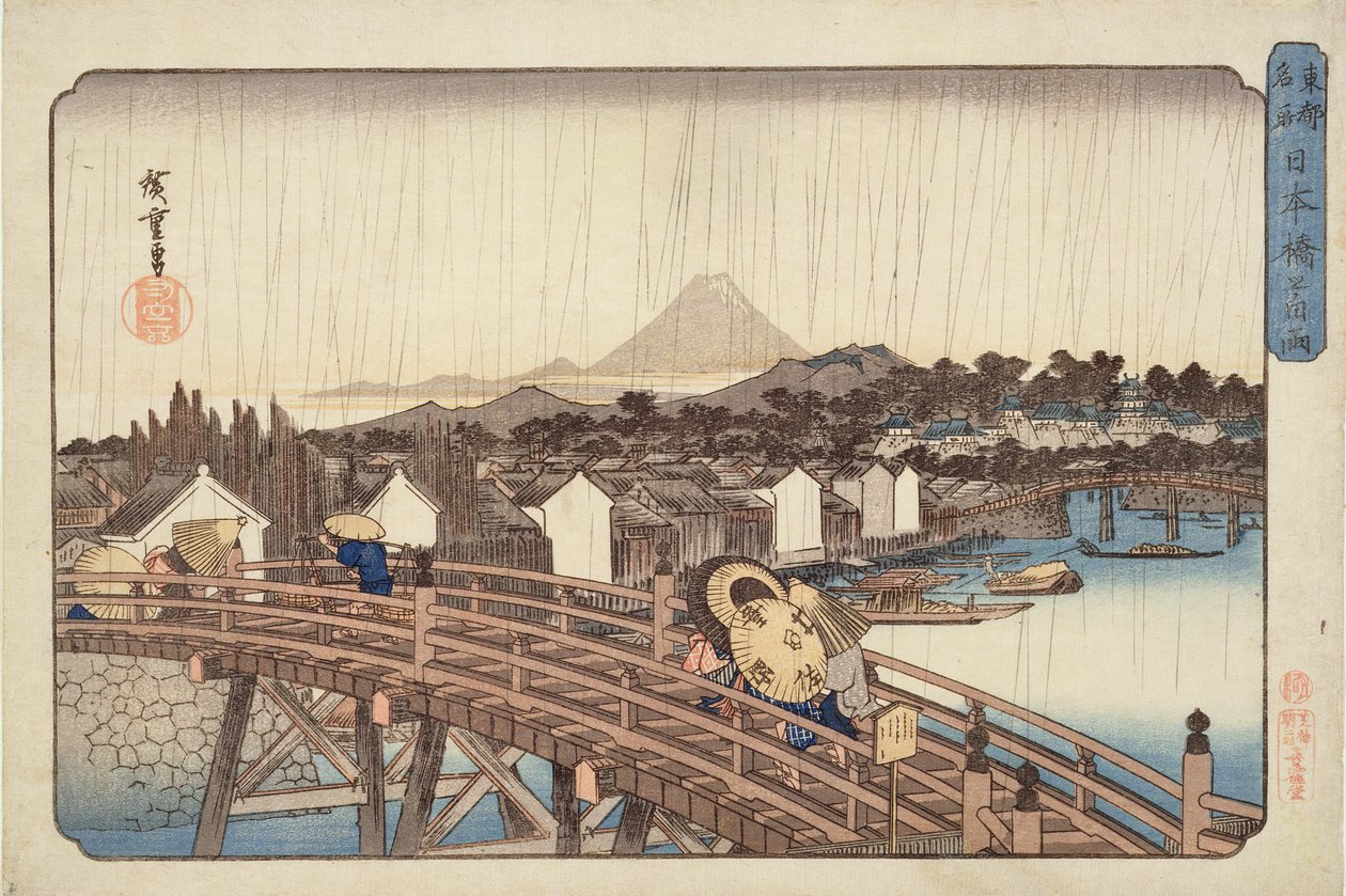 Avondregen bij Nihonbashi-brug, uit Beroemde Plaatsen van de Oostelijke Hoofdstad, ca. 1832 door Utagawa Hiroshige