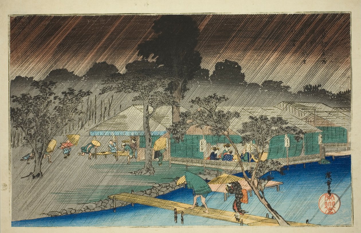 Avondbui aan de oever van de Tadasu-rivier (Tadasugawara no yudachi), uit de serie "Beroemde plaatsen in Kyoto (Kyoto meisho no uchi)" door Utagawa Hiroshige