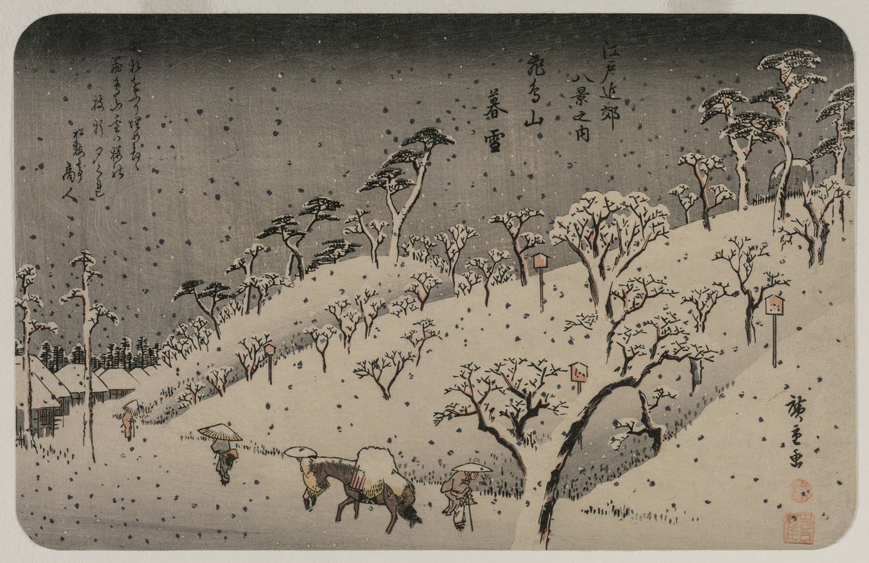 Avondsneeuw op Asuka Hill, uit de serie Acht Zichten op de Omgeving van Edo, c. 1837-38 door Utagawa Hiroshige