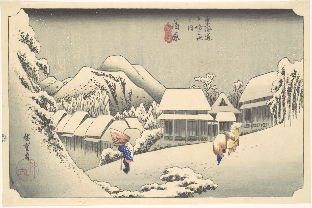 Avondsneeuw bij Kanbara, uit de serie "Drieënvijftig stations van de Tōkaidō" door Utagawa Hiroshige